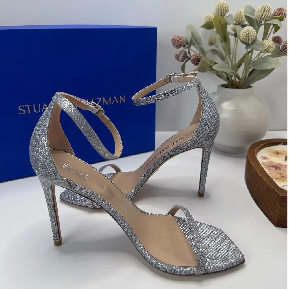 Stuart Weitzman Nudistcurve 100Sanda Ankle Strap Sandal Silver Women's 9.5B